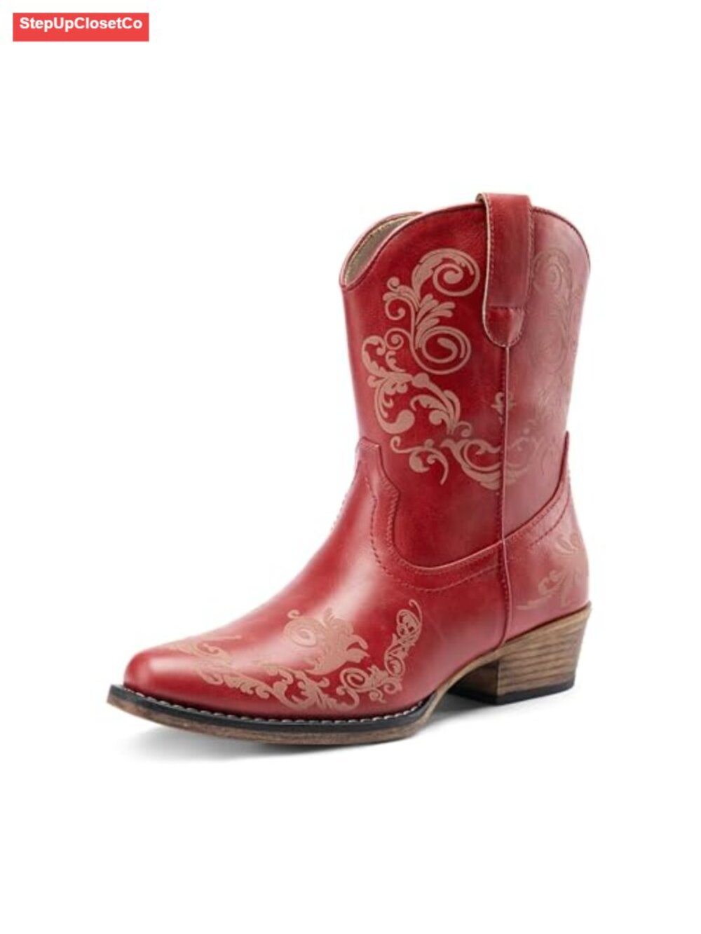 Faux Leather Western Ankle Boots Square Toe Side Zip Cuban Heel Cowgirl